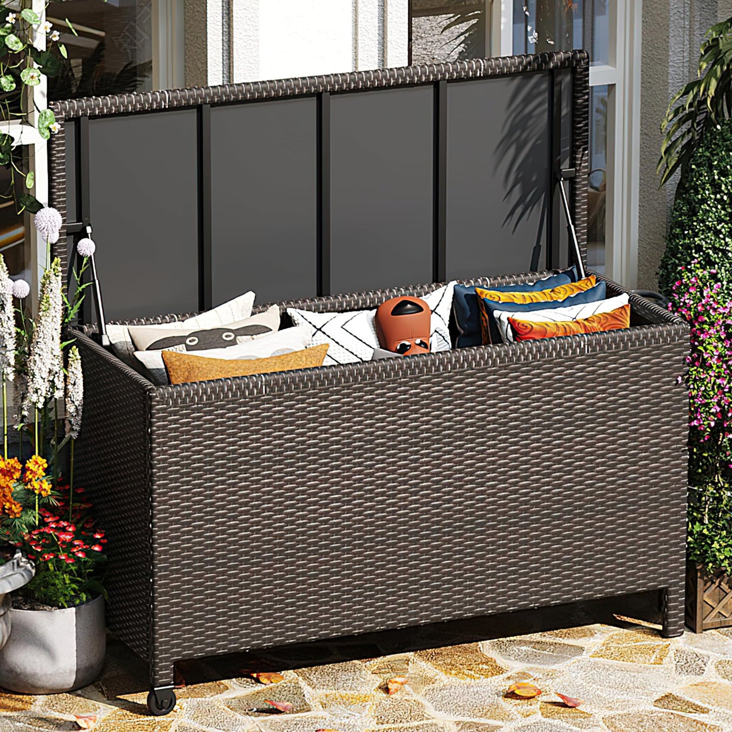 Large Deck Box Waterproof PE Rattan Outdoor Storage Box with Handles and Wheels, Storage Bin for Garden, Balcony, Porch, Pool, Yard (Brown, 125 Gallon)