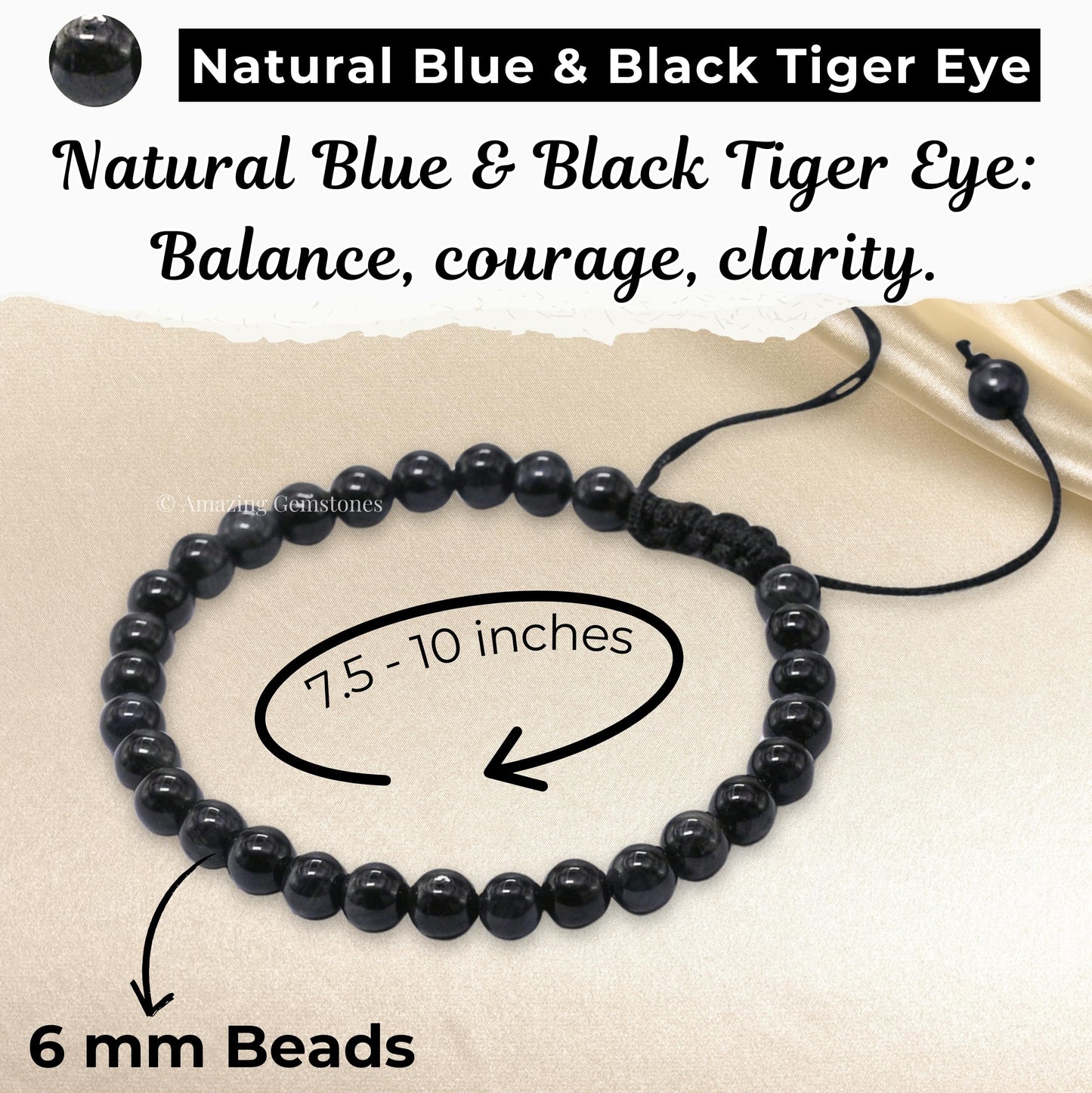 Amazing Gemstone Blue & Black Tiger Eye Bracelet for Women Men's Gifts - Protection Healing Crystal Bracelet - 6mm Gemstone Beaded Adjustable Bracelet Pulseras Para Hombres Mujer Stocking Stuffers