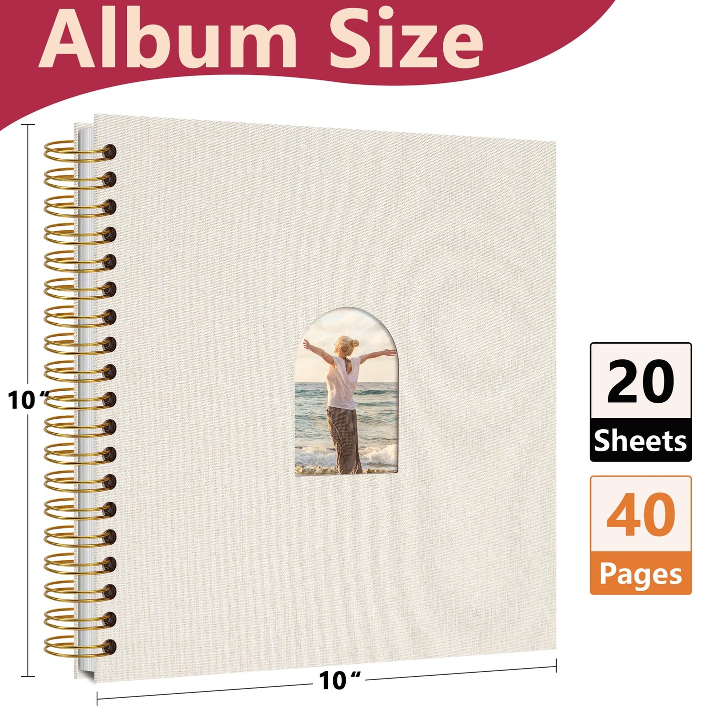 Vienrose 10X10 Inch 20 Sheets 40 Blank Pages DIY Scrapbook Album Linen Arch Window Photo Album Scrap Book Photo Albums for Wedding Baby Shower, Beige