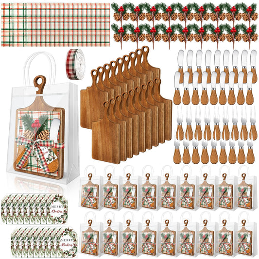 18 Sets Christmas Cutting Board Bulk Christmas Gifts Acacia Wooden Square Cheese Board Gift Set Cheese Knives Mini Cutting Board Christmas Tags for Christmas Party Birthday Favor