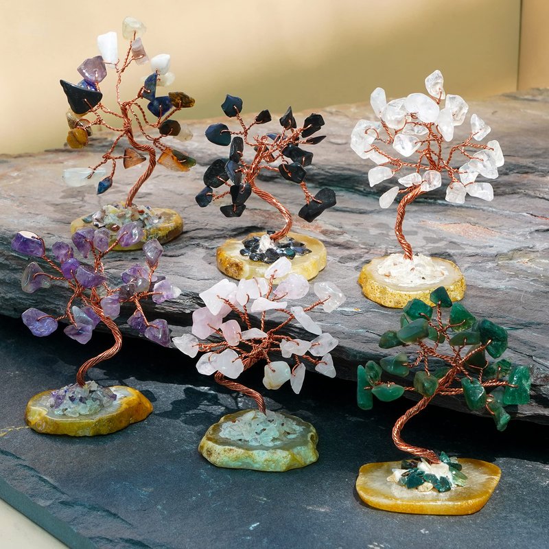 KARMAPLEDGE Set of 6 Crystal Trees Unique Birthday Gifts for Women, Mom & Dad, Slice Base Handmade Reiki Healing Stones for Home, Office Desk Decor, Bring Money, Positivity, Spiritual Good Luck Gifts