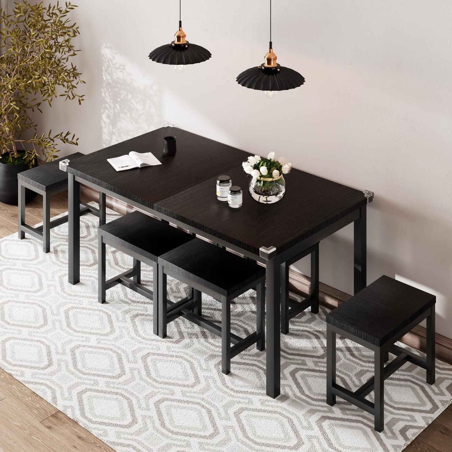 iPormis 7-Piece Extendable Dining Table Set with 6 Stools, 63" Kitchen Table Set for 4-8, Modern Dining Room Table with Sturdy Metal Frame, Space-Saving Dinette, Black