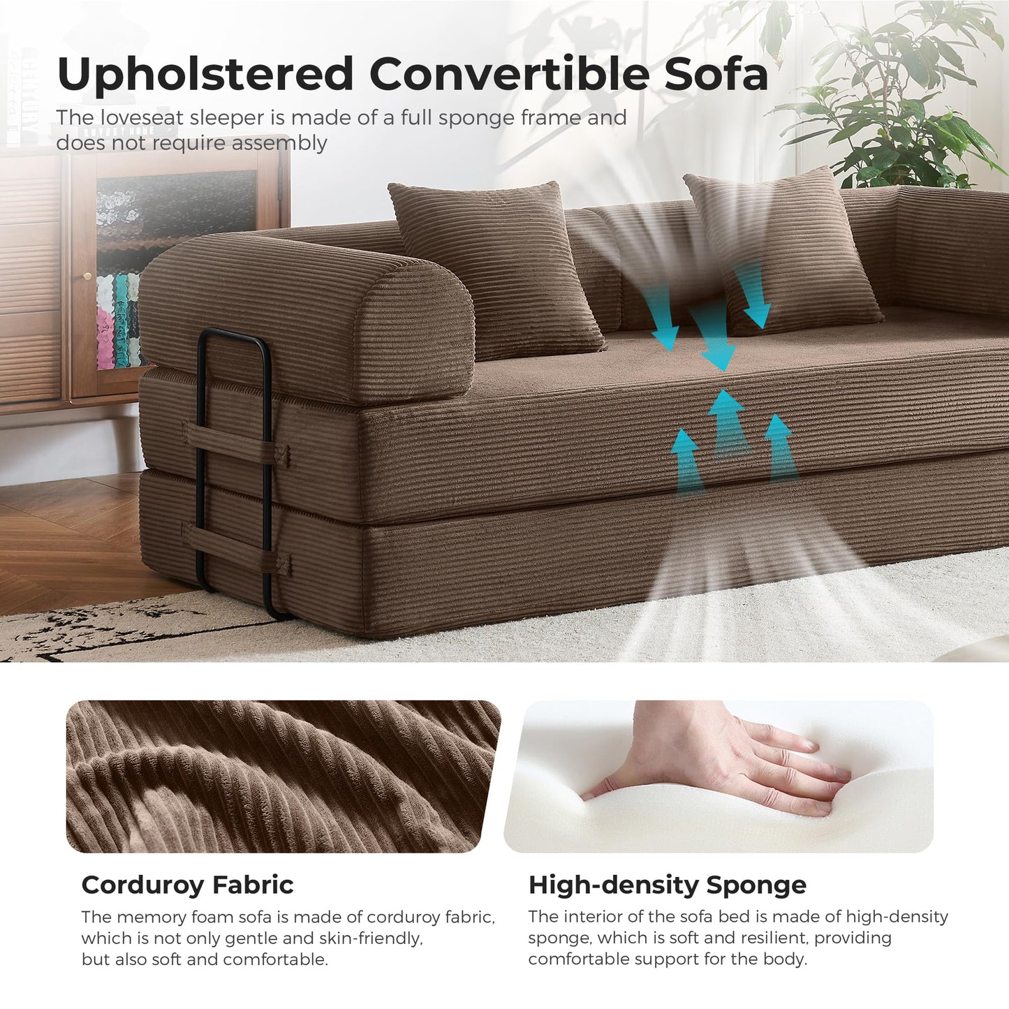 Bsxupke 5-in-1 Convertible Sofa Bed | 79" Fixed Frame with High-Resilience Memory Foam, Easy Setup | Durable Corduroy Converts to Full Bed, Great for Family Living Room (Brown)