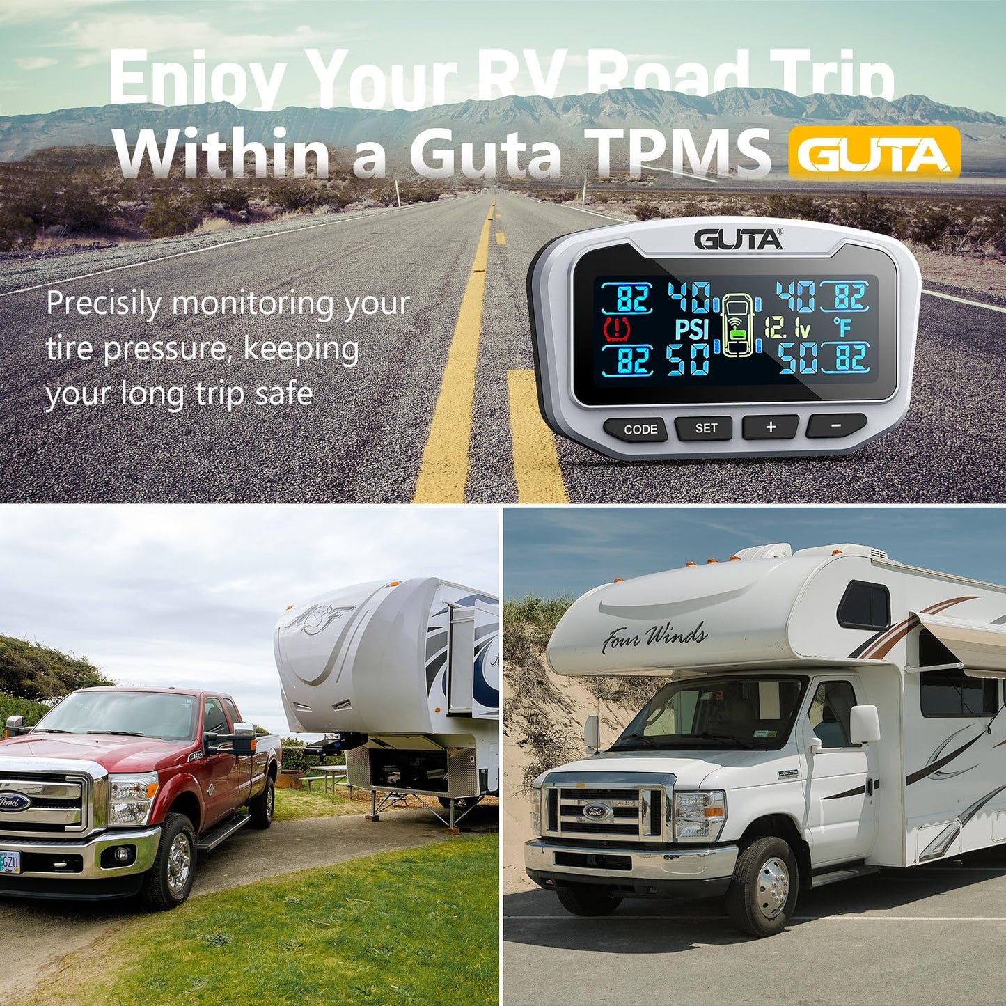 GUTA RV Tire Pressure Monitoring System, Trailer TPMS, 4 Sensors, 6 Alert Modes, Long Range Signal, CLA Charging & 2 USB-A Outputs, Adjustable LCD Display, Ideal for RV Truck Trailer Camper (0-188psi)