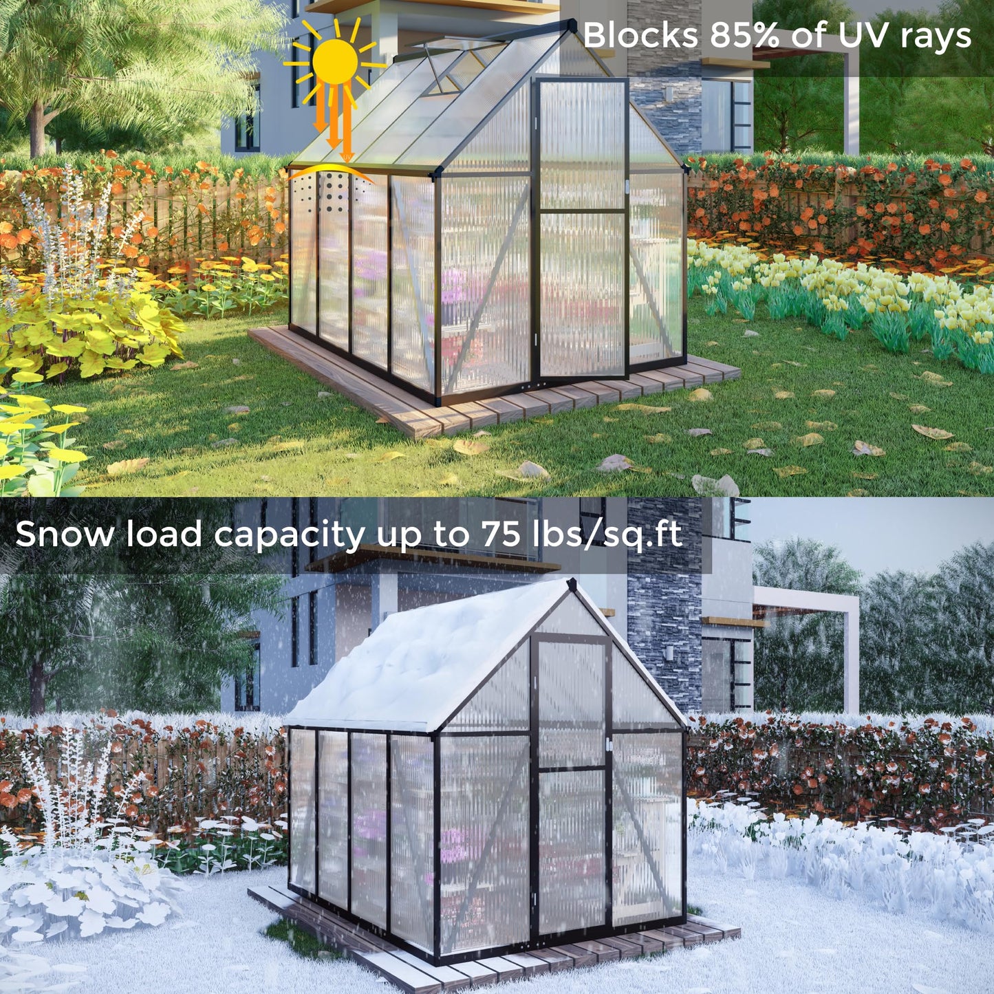 Jiliusure 6 x 6 FT Greenhouse for Outdoors, Polycarbonate Greenhouse with Quick Setup Structure and Roof Vent, Aluminum Large Walk-in Green House for Outside Garden Backyard, Charcoal Black