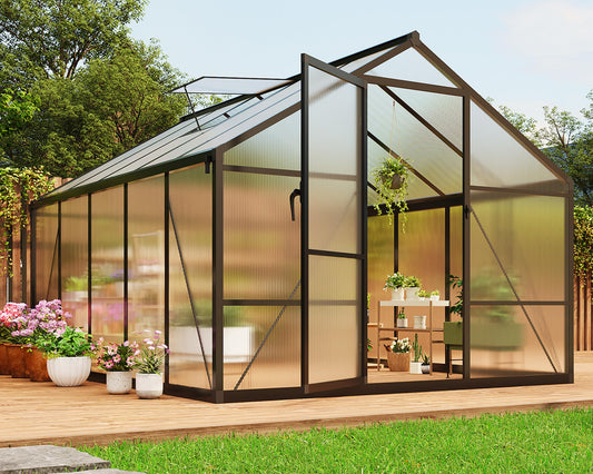 8X10 FT Outdoor Polycarbonate Greenhouse, Sturdy Aluminum Frame, Adjustable Roof Vent, Ideal for Backyard, Patio, or Garden, All-Weather Green House for Growing Plants and Vegetables