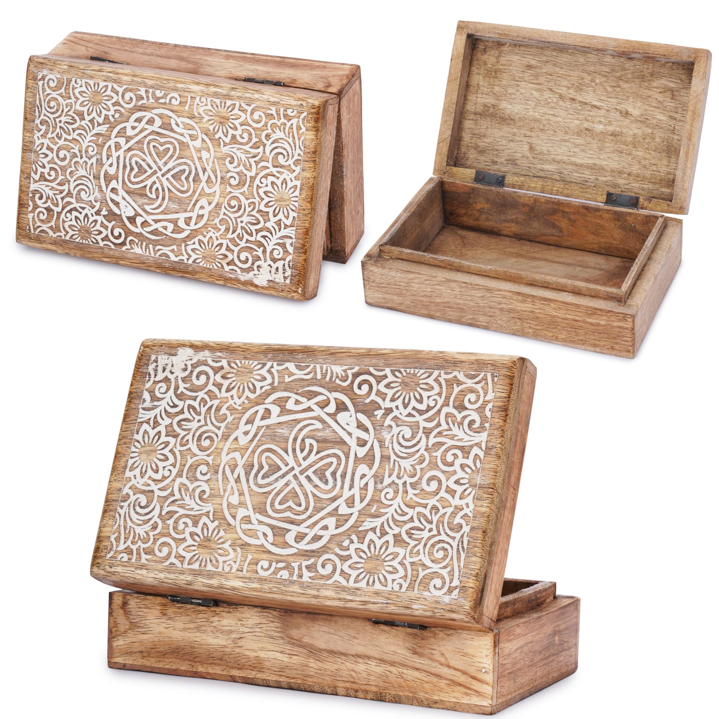 Ajuny Mango Wood Jewelry Box – Hand-Carved Celtic Knot Keepsake/Memory Box, Decorative Trinket & Treasure Chest Organizer, Handmade Gift for Women & Men, Travel Friendly, 8x5 Inch