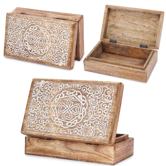 Ajuny Mango Wood Jewelry Box – Hand-Carved Celtic Knot Keepsake/Memory Box, Decorative Trinket & Treasure Chest Organizer, Handmade Gift for Women & Men, Travel Friendly, 8x5 Inch