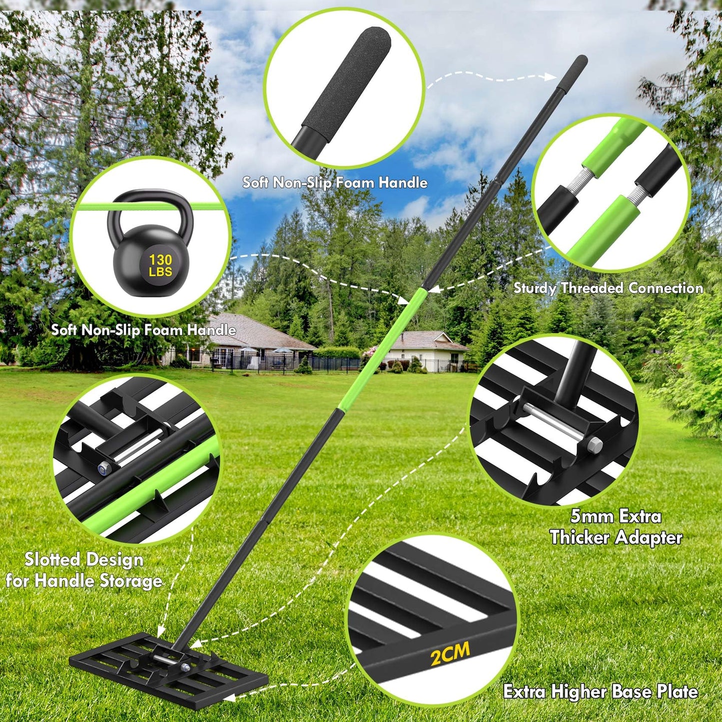 Seeutek Lawn Leveling Rake, 17” x 10” Lawn Leveler with 6.5FT Stainless Steel Handle Rakes for Lawns, 0-180° Adjustable Ground Leveler Tool for Yard, Level Soil Sand Dirt Surfaces
