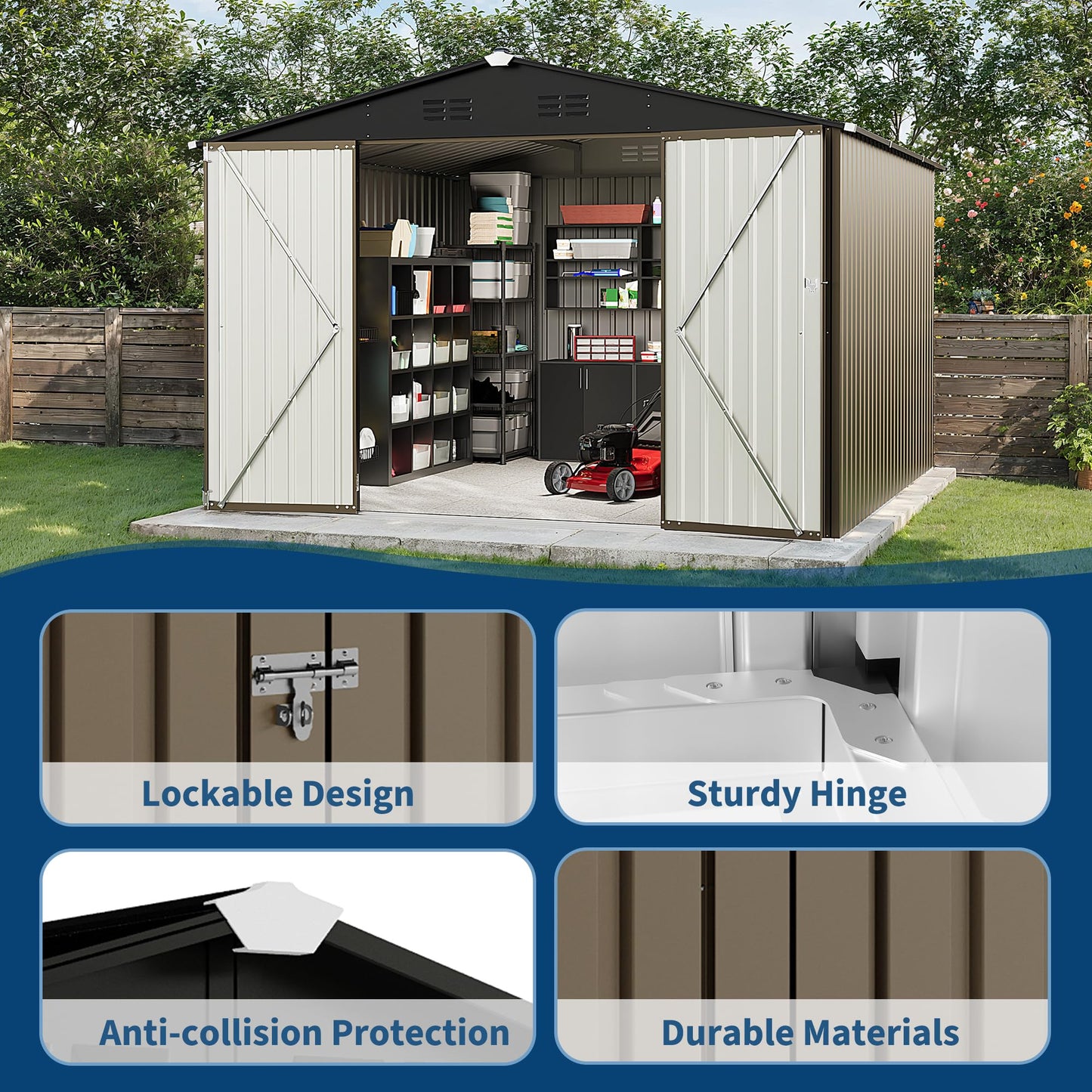 10 x 10 FT Outdoor Storage Shed,Metal Garden Sheds&Outdoor Storage Clearance, Large Tool Shed Outdoor with Single Lockable Door,Ideal Storage House for Backyard Garden Patio Lawn