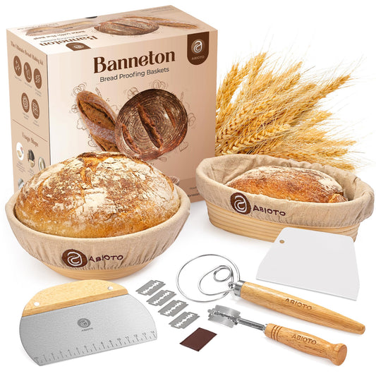 ABIOTO Sourdough Bread Baking Supplies and Bread Proofing Baskets - 9" Round & 10" Oval Indonesian Rattan Baskets, Liners, Danish Whisk, Bread Lame & Scrapers - 14 Piece Bread Making Kit for Beginners