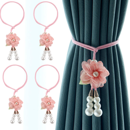 Adjustable Curtain Tiebacks， 4-Pack Hand-Woven Rope with Silk Flower & Pearl， Decorative Window Cord Holders for Drapery， Long Loop Design for All Curtain Thickness (Pink)