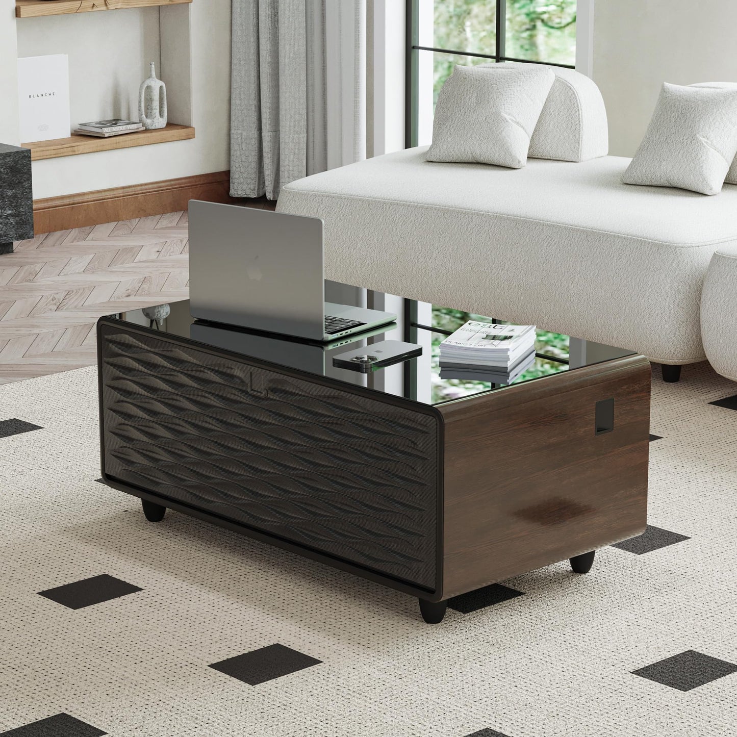 AXIOS Smart Coffee Table with Fridge Modern Smart Coffee Table with Built in Speakers and Wireless Charging for Living Room Table 23" D X 41.5" W X 18.2" H Dual USB and Type-C Charging Ports Brown