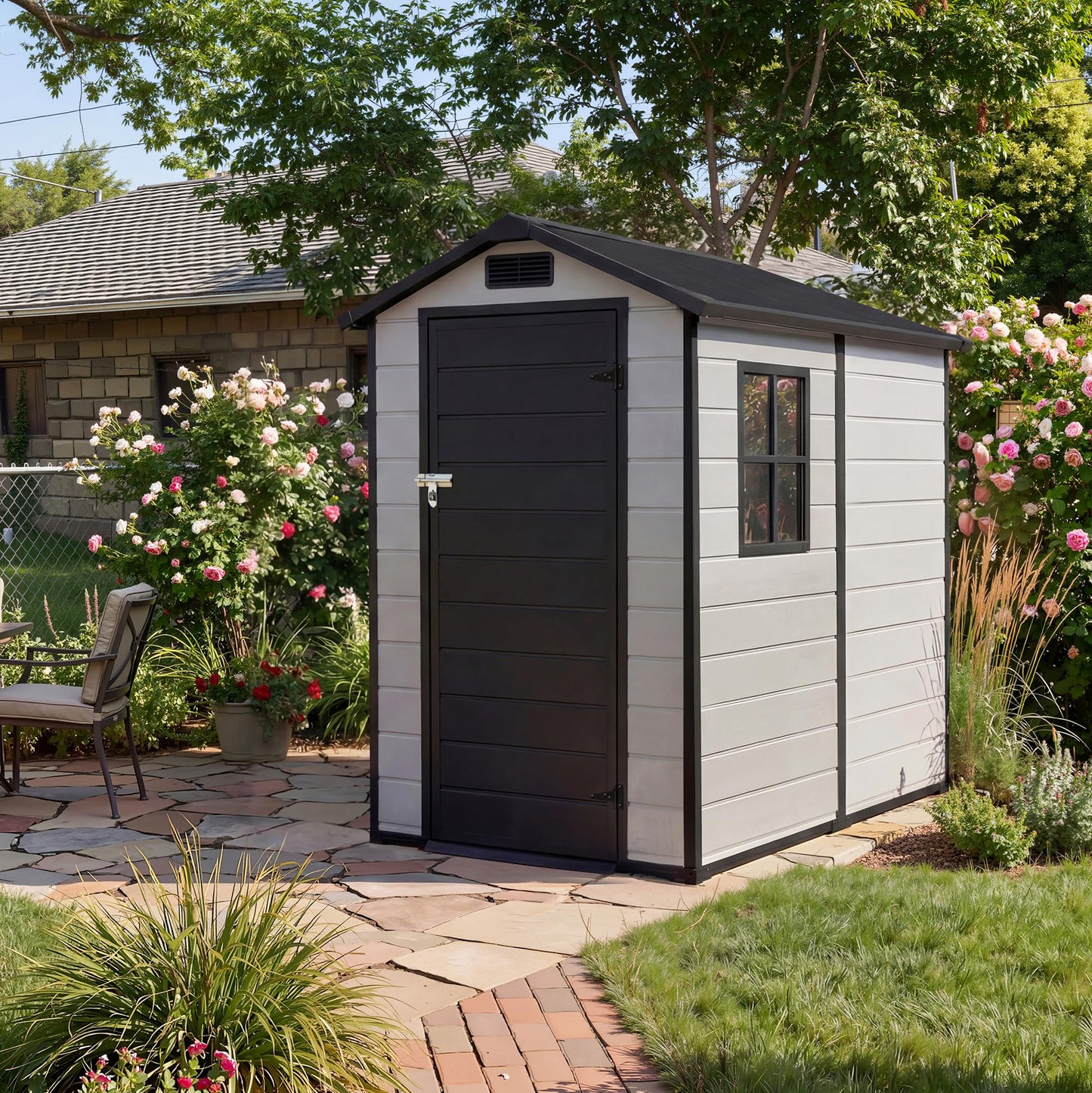 Resin Outdoor Storage Sheds 4x6 ft, Upgraded Double-Wall Outdoor Plastic Shed with Window, Waterproof Lockable Garden Shed for Patio Furniture, Lawn Mower, Bike and Tool Storage
