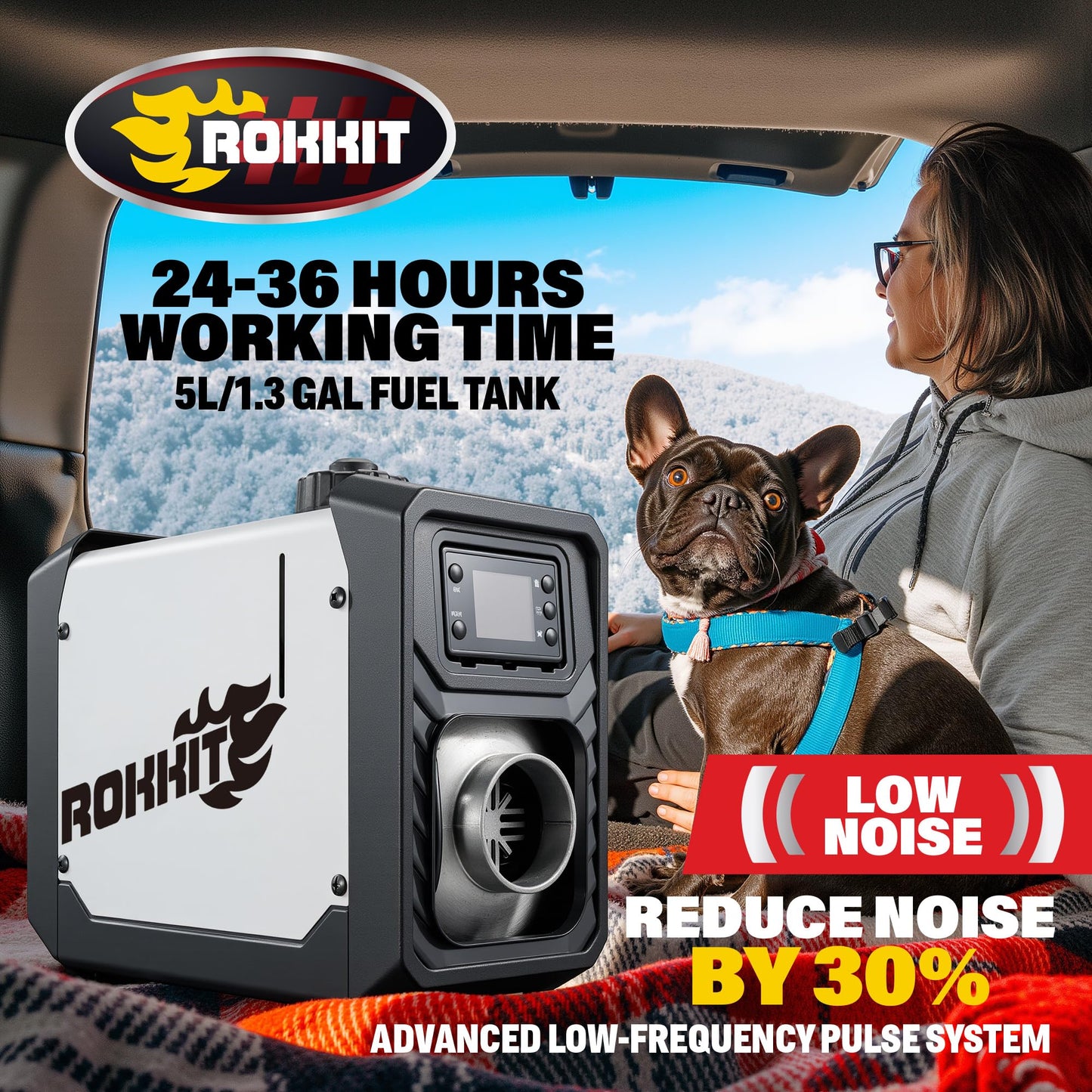 ROKKIT Portable Diesel Air Heater, 8KW, 110V/12V, LCD Monitor & Remote Control, Low Noise, Ideal for Tent, Car, RV, Camper