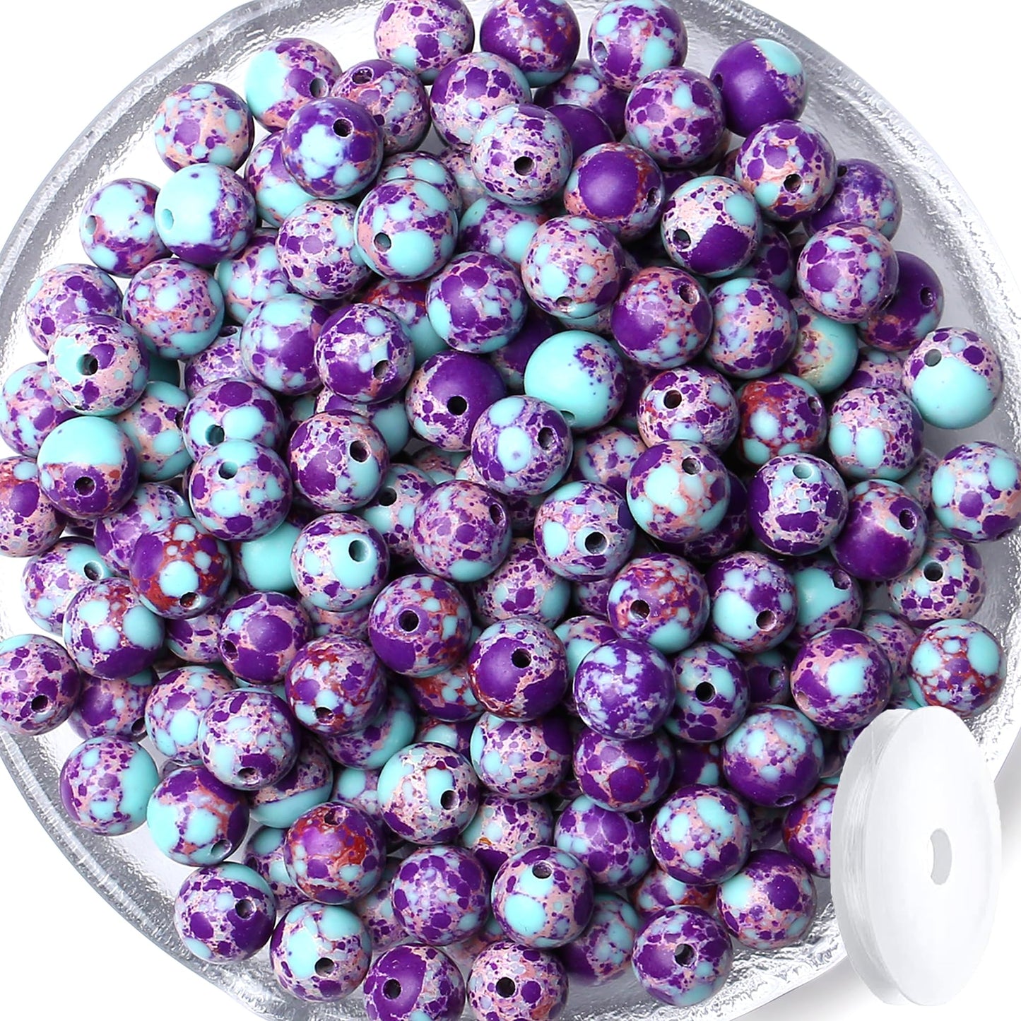 QINJIEJIE 60PCS Colorful Imperial Jasper Beads 8mm Stone Beads Round Loose Purple and Blue Pattern Gemstone Bead for Bracelet Beading Crystal Jewelry Making DIY Necklace Earrings 0.32"