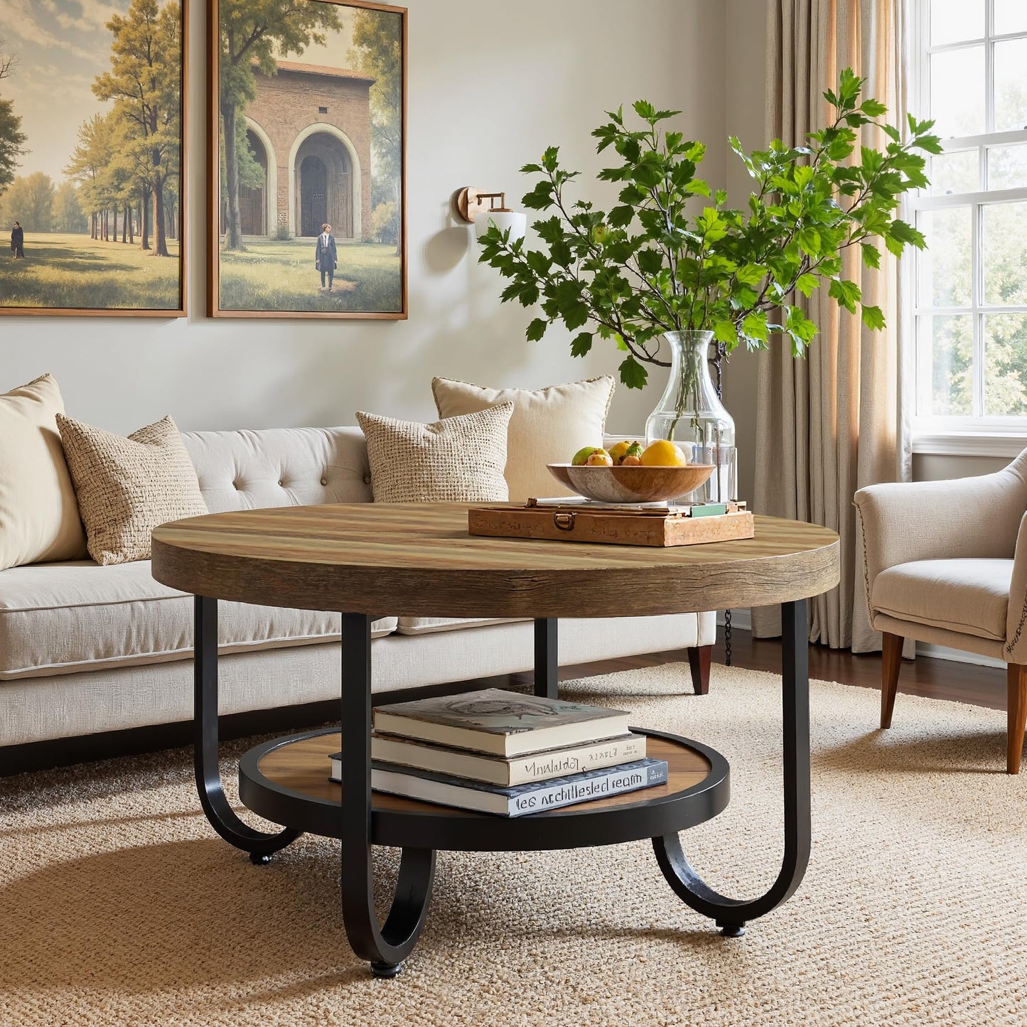 Tribesigns 2-Tier Round Coffee Table with Storage Shelf for Living Room, 31.1-Inch Center Cocktail Table with Sturdy Curved Metal Legs, Easy Assembly, Brown