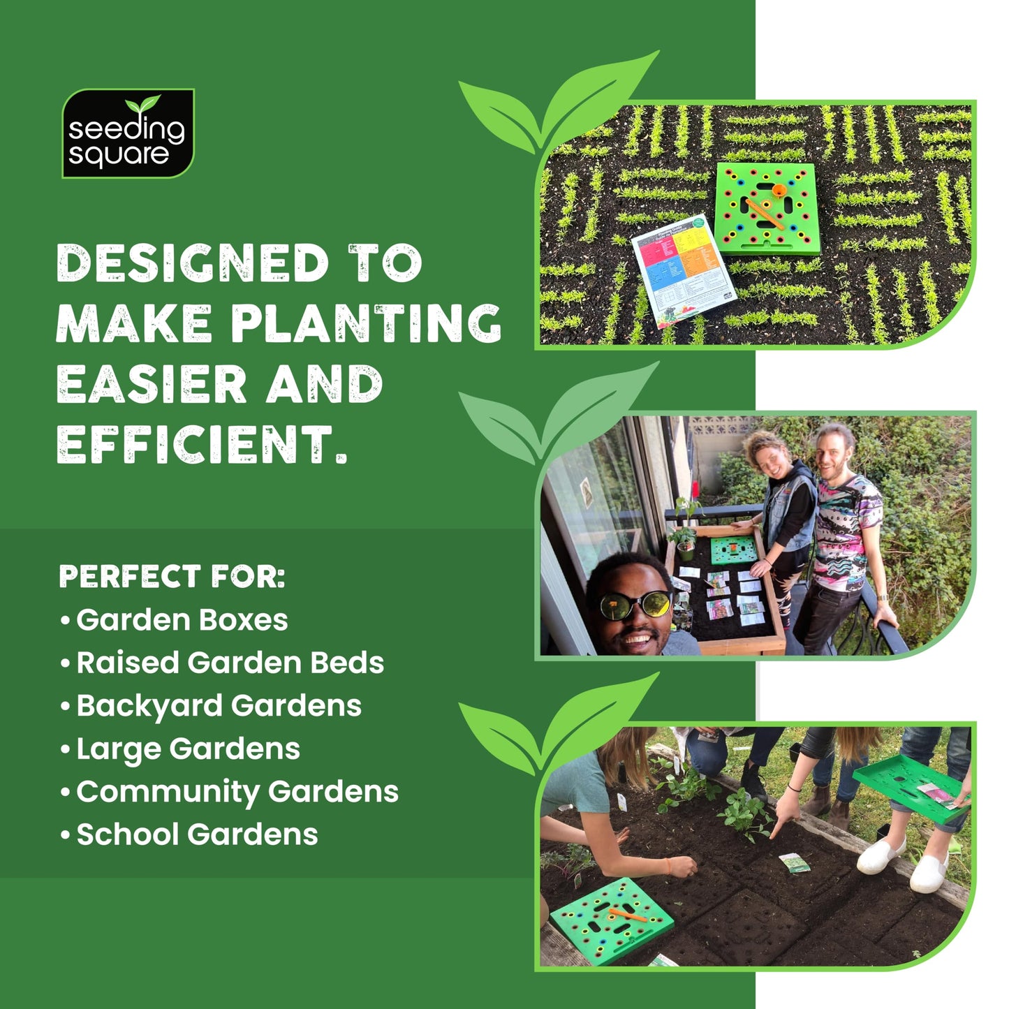 Seeding Square - Patented Seed and Seedling Spacer Tool for Bigger Harvests, Organized Plants & Fewer Weeds – Color-Coded Gardening Template with Dibber, Seed Spoon, Ruler & Planting Guide