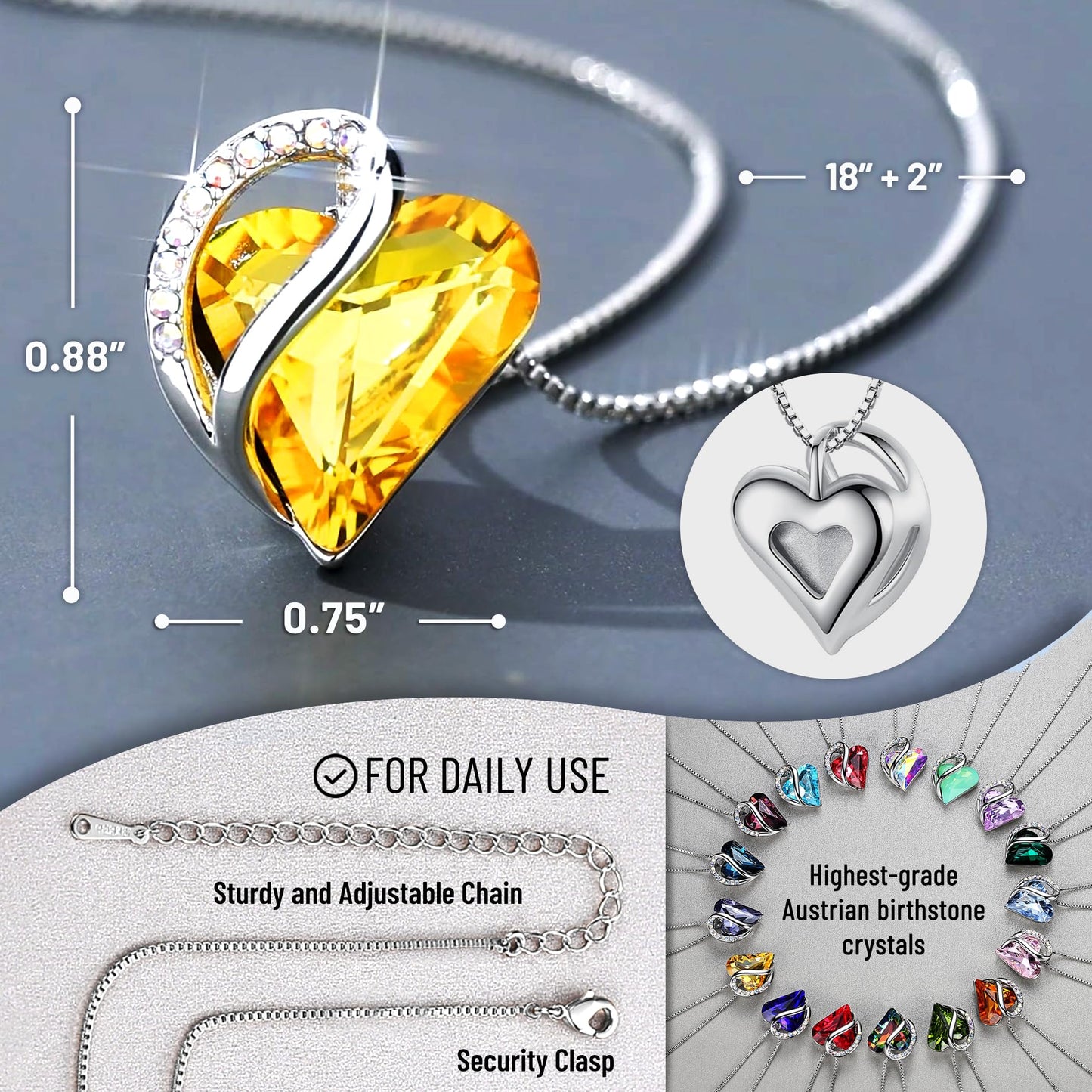 Leafael Gift Necklaces for Women, Infinity Love Birthstone Heart Pendant, Citrine Yellow Crystal for November, Birthday Jewelry for Her, Mom, and Wife, Silver Plated, 18" + 2" Chain