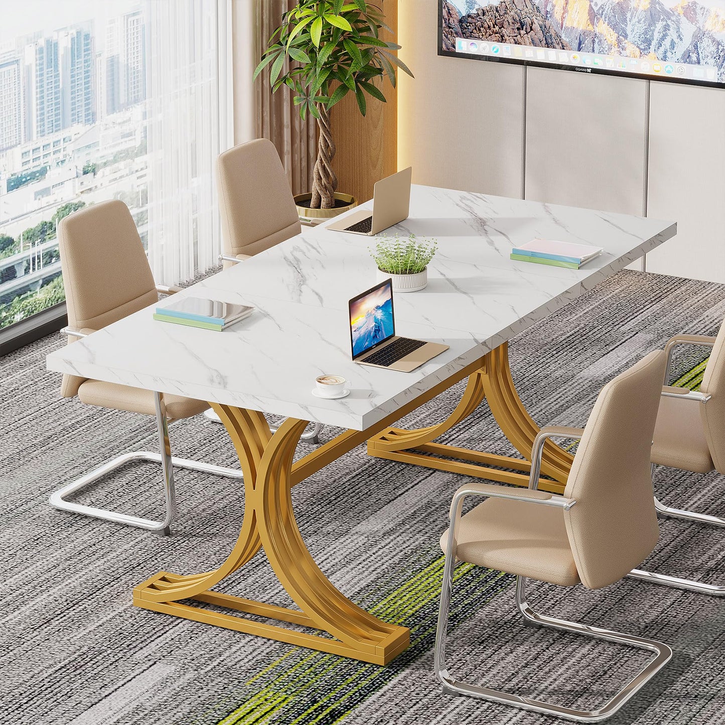 Tribesigns 10.5FT Conference Table, Modern Meeting Table for 8-10 People, Rectangle Seminar Boardroom Table for Office Conference Room with Stylish Legs (4, White + Gold)