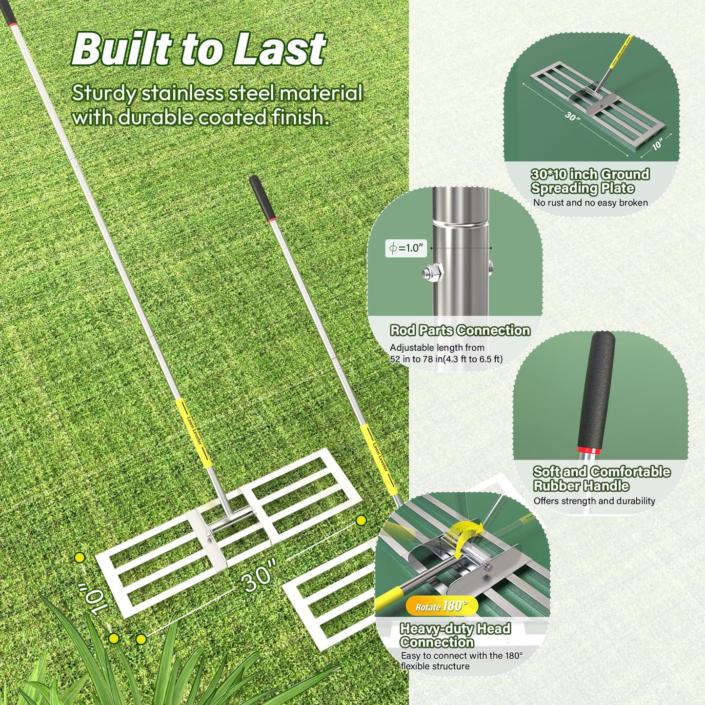 Lawn Leveling Rake, Lawn Leveler Rake with Adjustable Stainless Steel Handle, Lawn Level Tool for Soil with Handle for Yard, Garden, Golf Leveling, 6.5FT- 30 x 10 inch