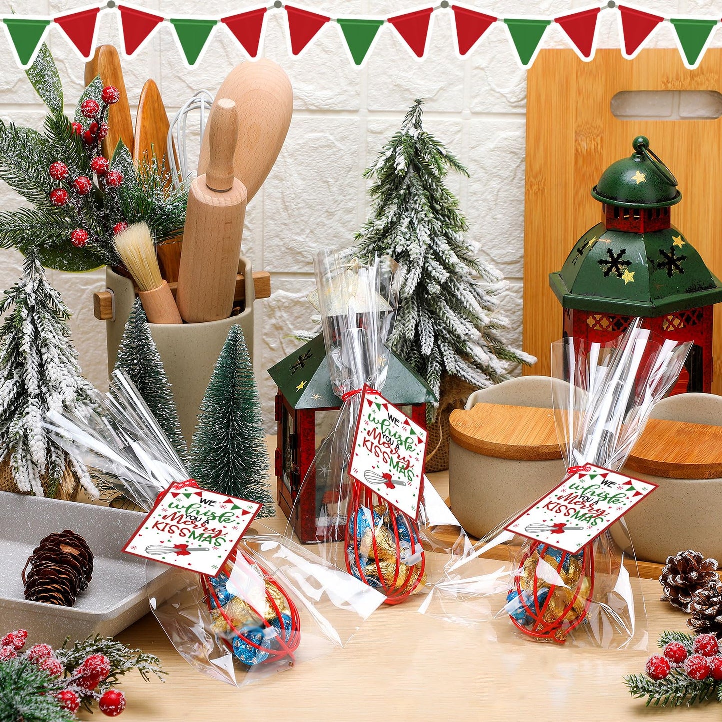 Nuogo 24 Sets Christmas Neighbor Gifts Christmas Whisk Baking Cooking Supplies Includes 8 Inch Stainless Steel Whisk, Greeting Cards, Ribbons, Plastic Bags for Kitchen Supplies Xmas Stocking Stuffers