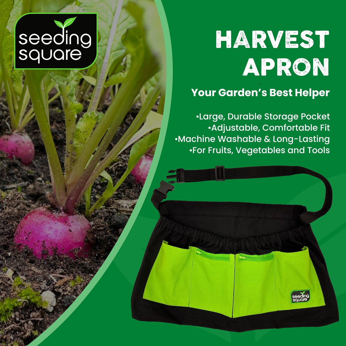 Black Harvest Apron + Seeding Circle + Pokey Planter Bundle – Garden Apron with Seed Spacing Template & Dibber Tool for Container Gardening