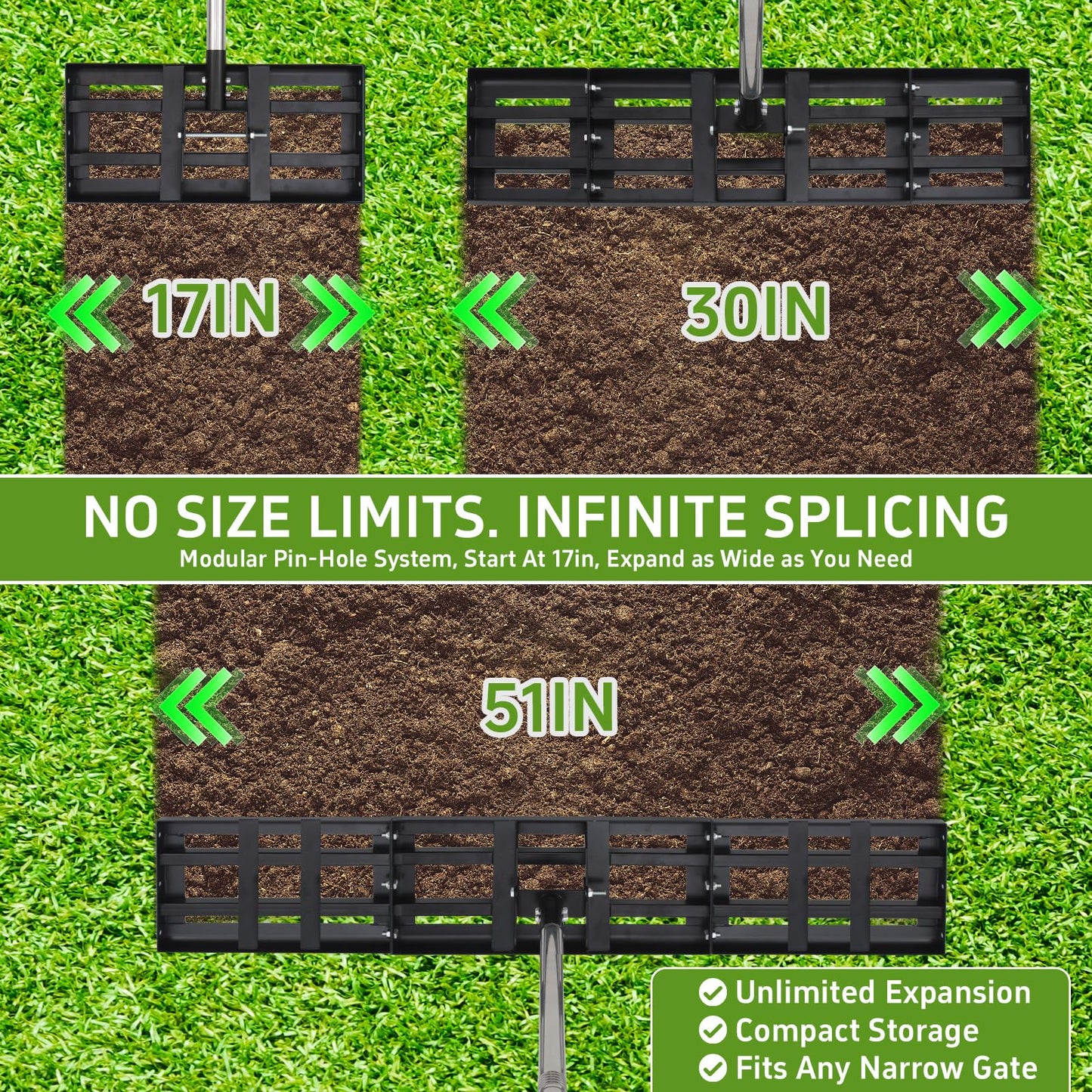 Lawn Leveling Rake for Soil, 17"-30" Modular Interlocking Stainless Steel Lawn Leveler, 78"Adjustable Handle Yard Leveling Rake, Anti-Flip Ground Leveler for Yard, Sand, Topdressing, Golf Course, Farm