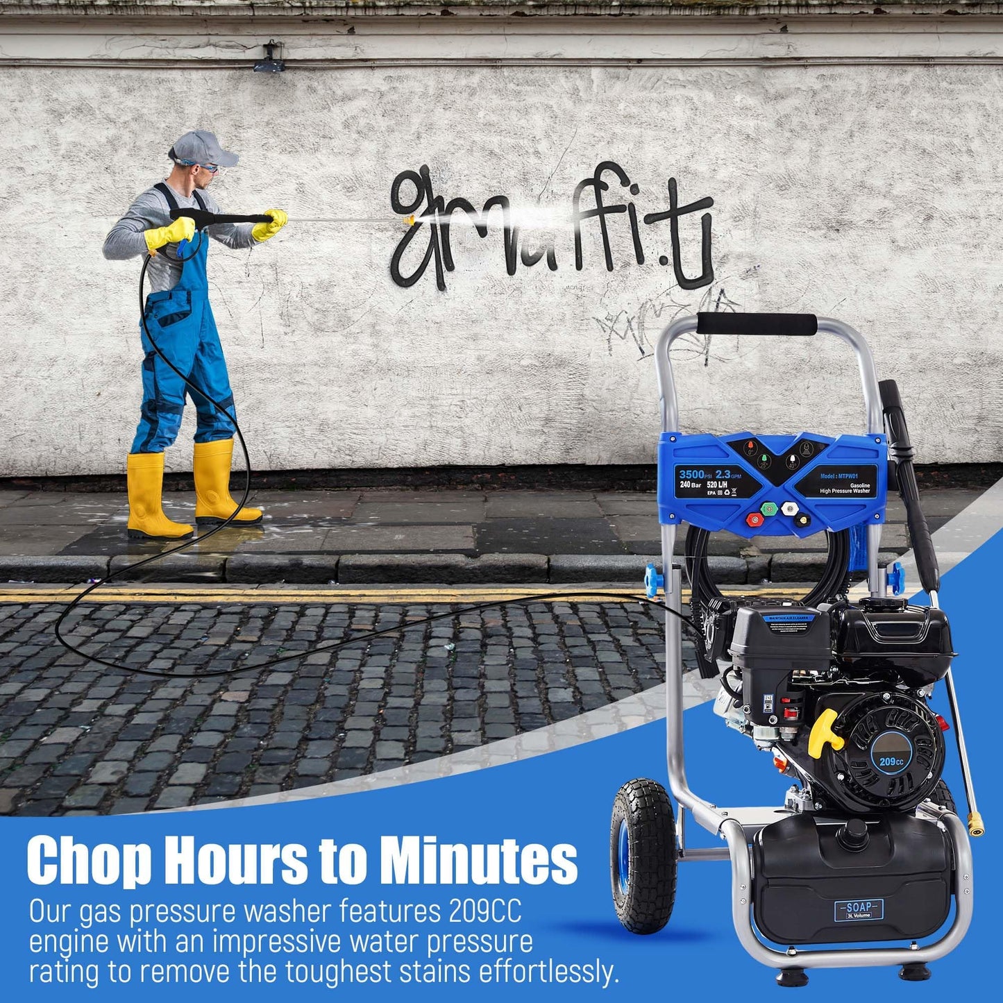 Gas Powered Pressure Washer 3500 PSI, 2.3 GPM Heavy Duty High Power Washer,209CC 7HP Engine with 25Ft Pressure Hose, Axial Aluminum Pump, Soap Tank, 4 Quick Connect Nozzle (Blue)