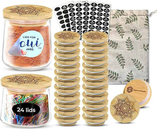 Oui Yogurt Jar Lids Bamboo Mandala â 24-Pack Airtight Bamboo Lids for Oui Glass Jars â Fits Regular & Petite Yogurt Jars â Reusable Jar Tops with Labels & Storage Bag
