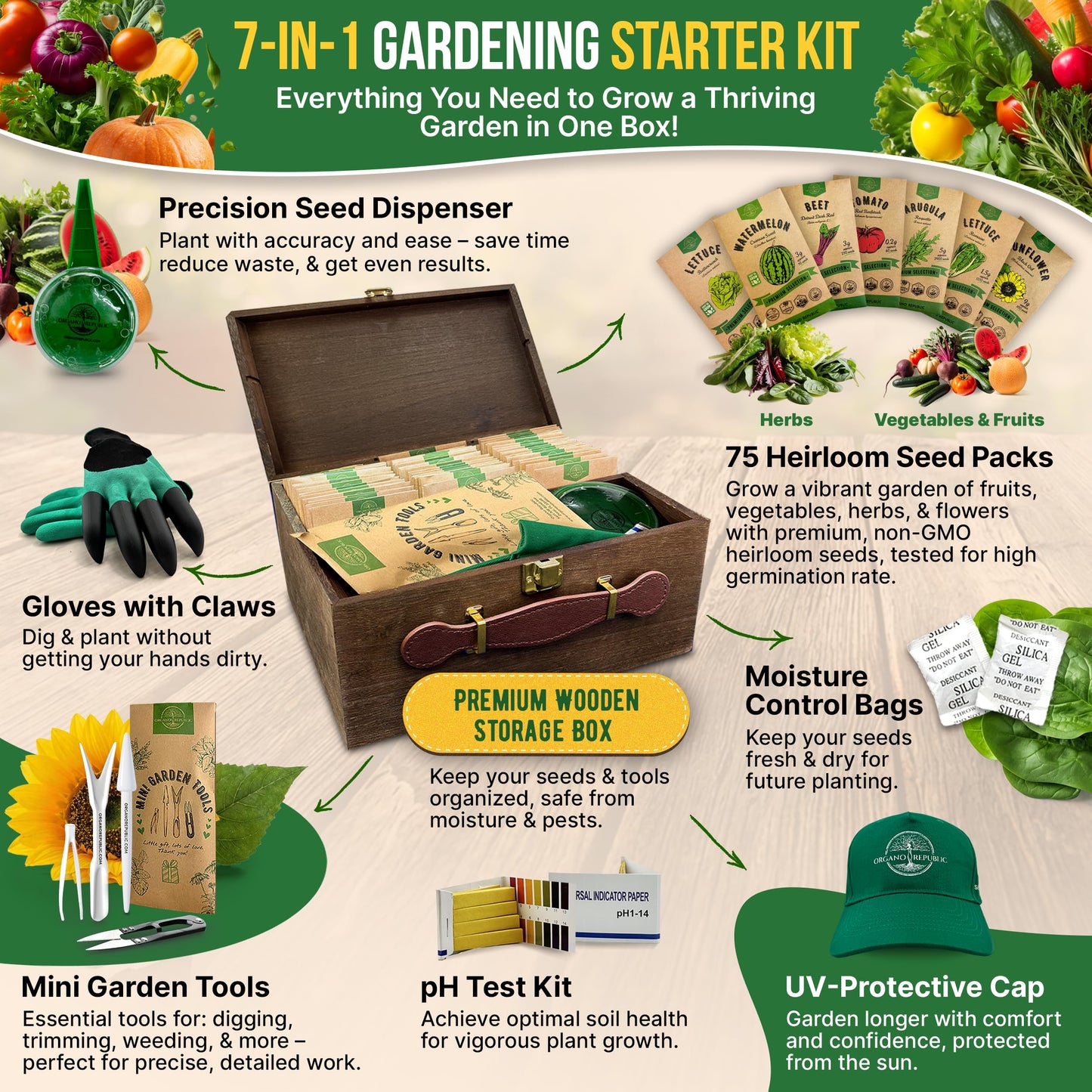 75 Vegetable & Greens Seeds Variety Pack, Garden Seed Starter Kit - Over 44,700 Non-GMO Heirloom Seeds for Planting Vegetables and Greens, Seed Box with Gardening Supplies, Gardening Gifts