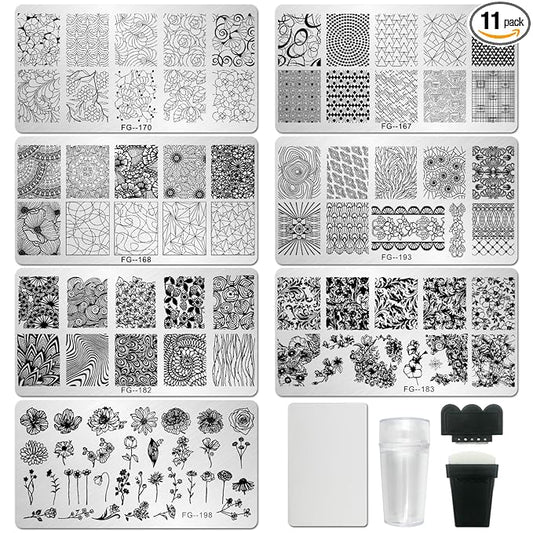 AddFavor Nail Stamper Kit 7pcs Nail Stamping Plates Geometric Mandala Flower Nail Stencils with 2 Stamp and 2 Scraper for Home Salon Manicure Design Supplies Tools