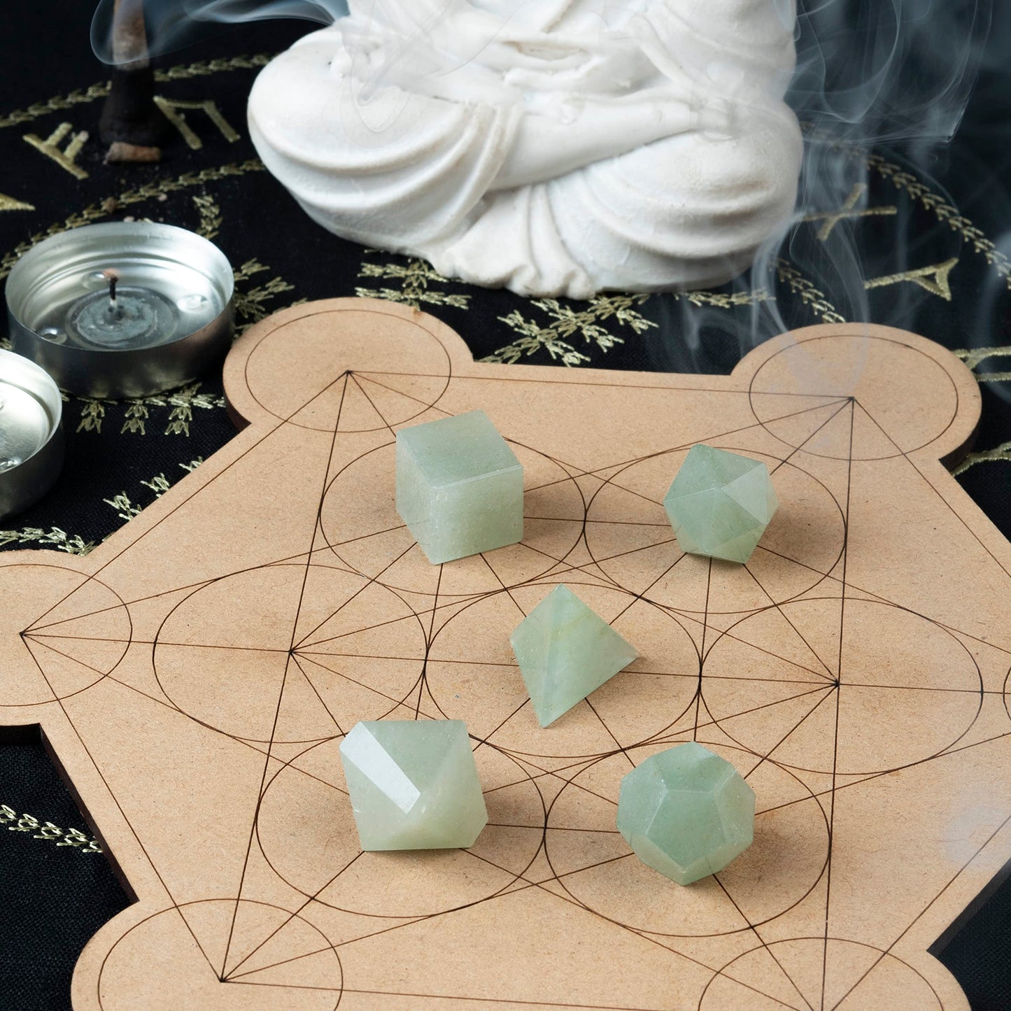 Green Jade Platonic Solids Sacred Geometry Crystal Set – 7 Pcs Carved Gemstone Shapes for Meditation, Reiki, Chakra Balancing Energy Healing | Spiritual Crystal Grid Stones Good Luck Gift (15–20 mm)