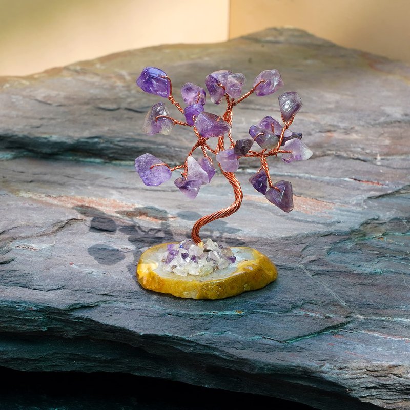 KARMAPLEDGE Set of 6 Crystal Trees Unique Birthday Gifts for Women, Mom & Dad, Slice Base Handmade Reiki Healing Stones for Home, Office Desk Decor, Bring Money, Positivity, Spiritual Good Luck Gifts
