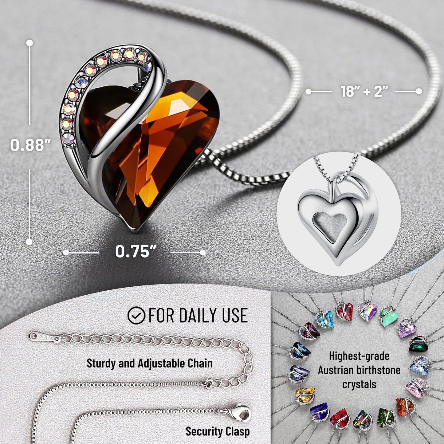 Leafael Gift Necklaces for Women, Infinity Love Heart Pendant, Dark Topaz Brown Healing Crystal for Stress Relief, Birthday Jewelry for Her, Mom, Wife, Silver Plated, 18" + 2" Chain