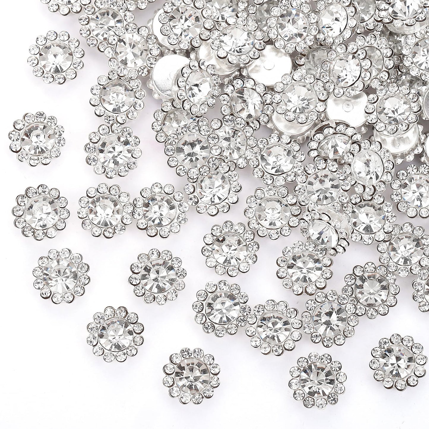 200 Pcs 12MM Sew on Rhinestones White Crystal Glass Metal Base Flower Shape，Flatback Rhinestones for Crafting，Sewing Accessories for Clothes and Shoes with Glue