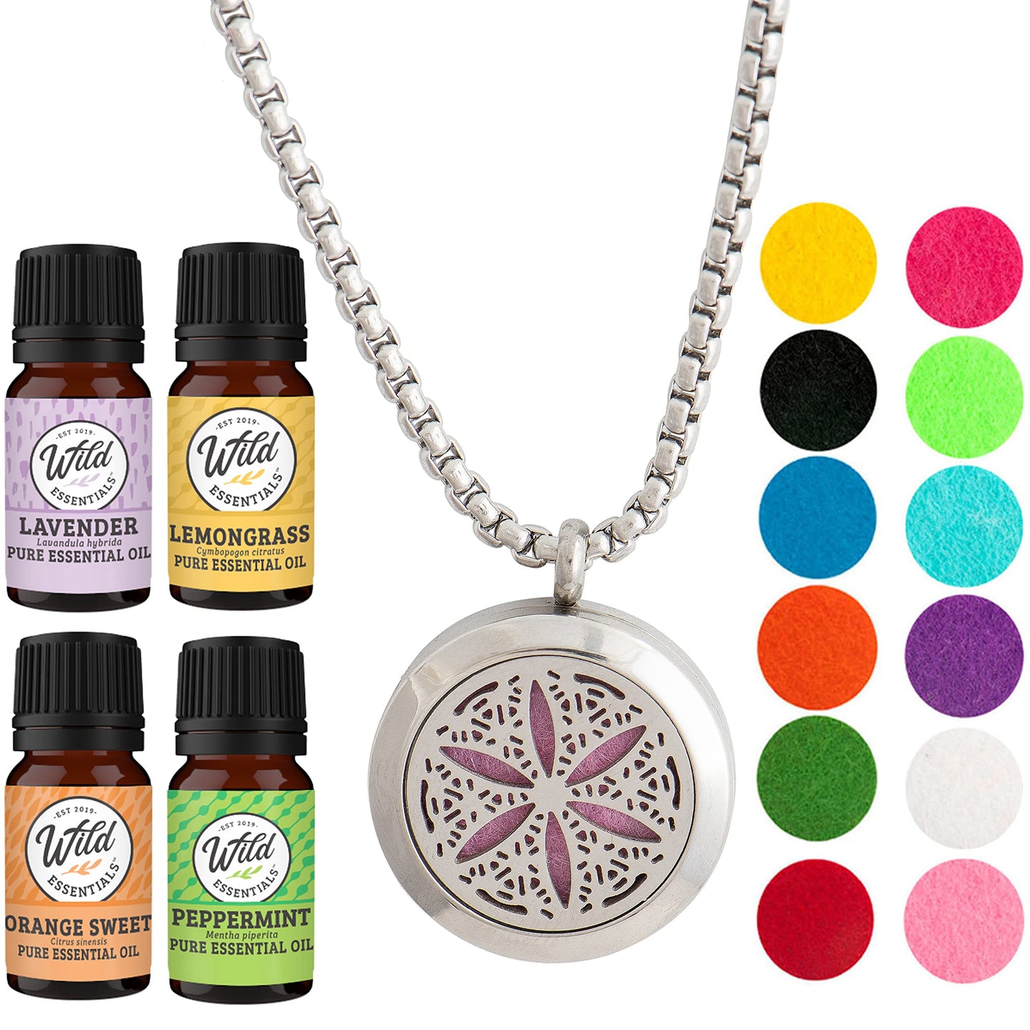 Wild Essentials Flower of Life Necklace Essential Oil Diffuser Kit, Lavender, Lemongrass, Peppermint, Orange Oils, 12 Refill Pads, Calming Aromatherapy Gift Set, Customizable Color Changing, Perfume