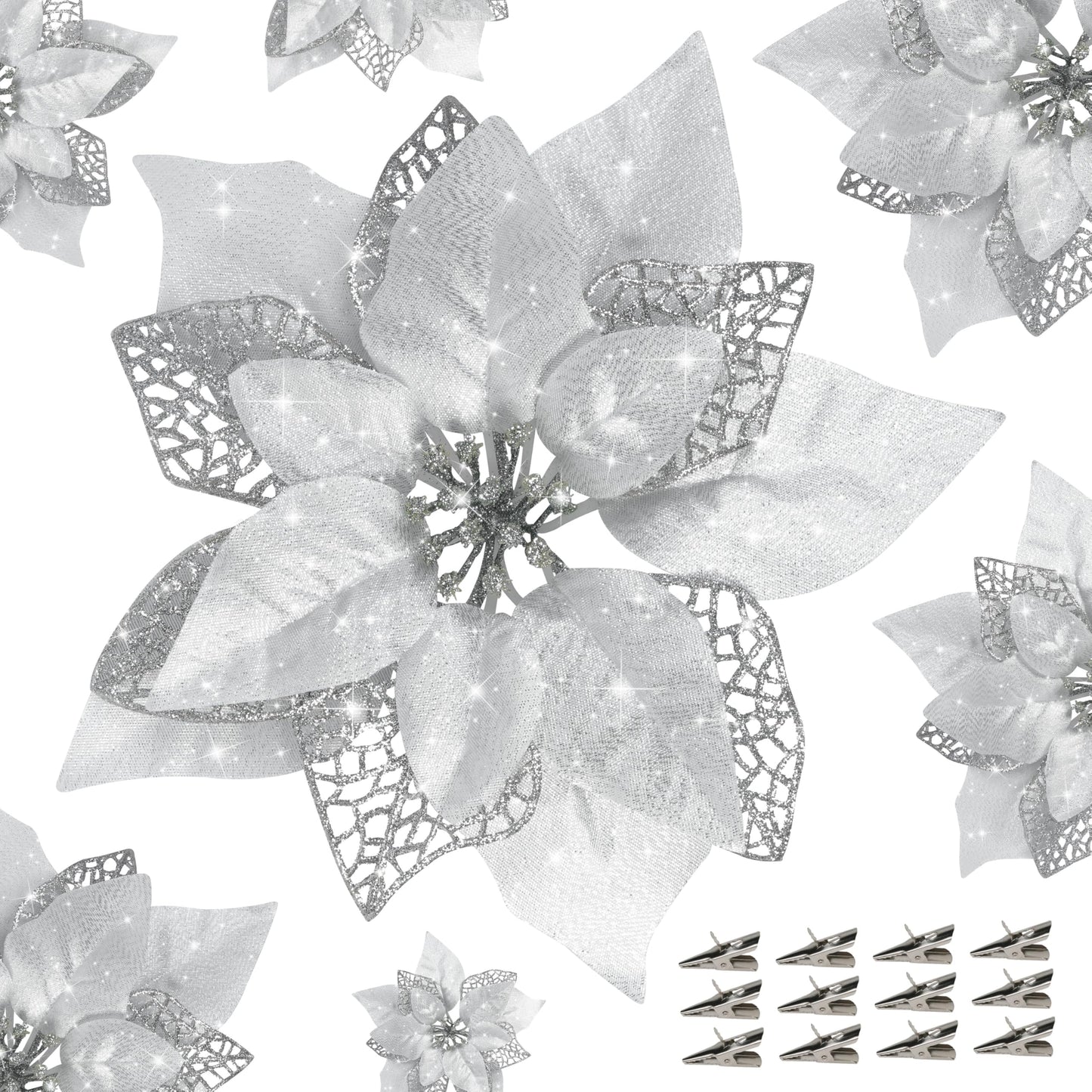 12 PCS Poinsettia Flower Artificial Poinsettia Christmas Decoration 8.7'' Silver Glitter Poinsettias Christmas Ornaments Christmas Tree Flower Decor with Clips DIY Xmas Wreath Holiday Home Party Decor