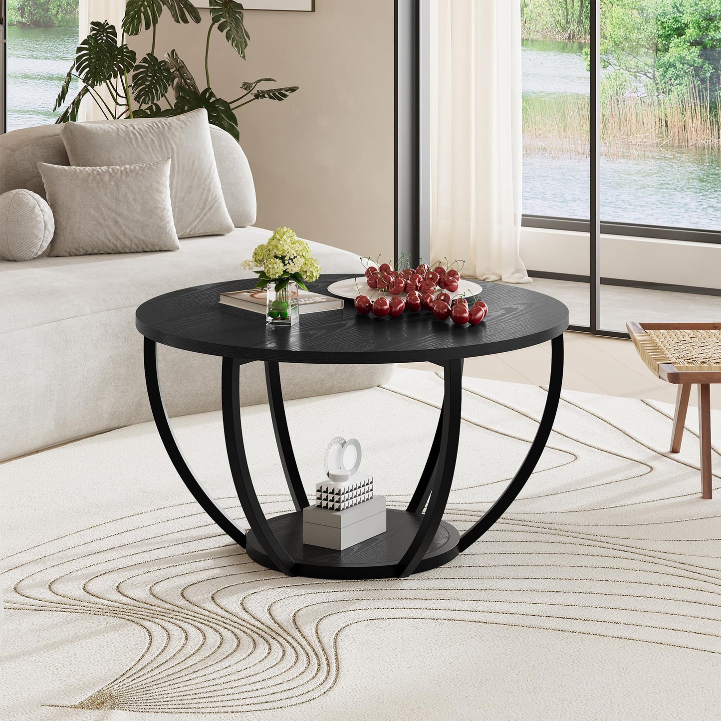 HOMERECOMMEND Round Coffee Table,Wooden 2-Tier Circle Coffee Tables with Storage Shelves,Accent Center Table for Living Room, Sofa Table for Home Office, Black