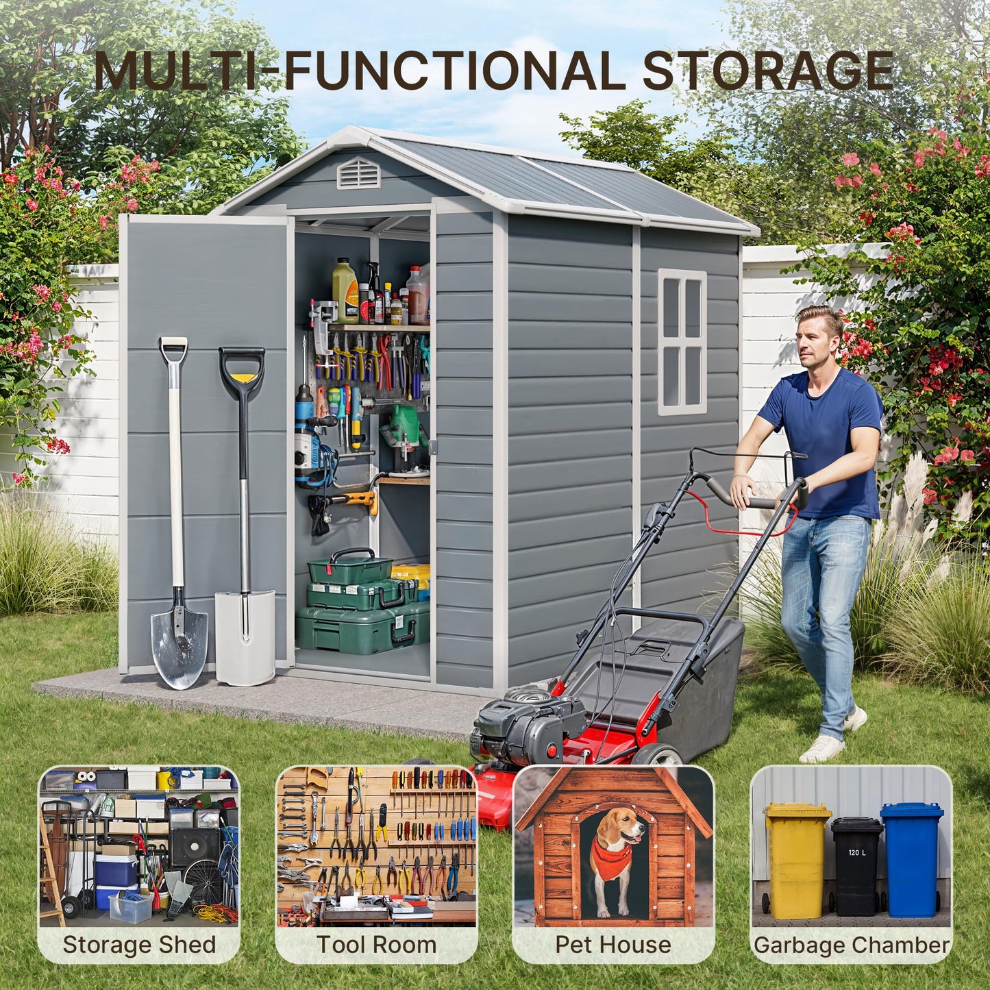 Gizoon 6x4 FT Outdoor Storage Shed with Floor, Resin Garden Tool Shed with Lockable Doors, Window, Vents, Reinforced Steel Frame, Waterproof Plastic Storage Sheds for Backyard, Patio, Lawn