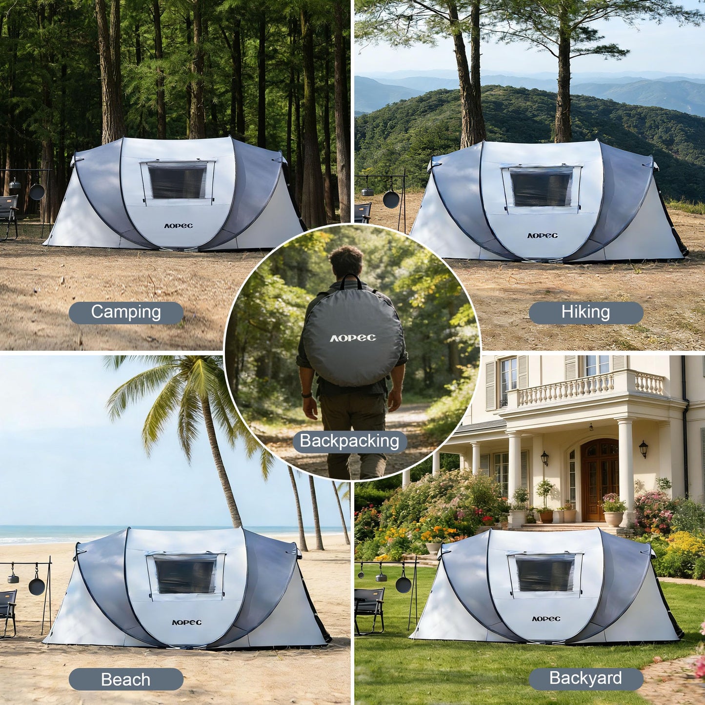 AOPEC Pop Up Camping Tent, 2/4/6 Person Instant Tent Waterproof PU4500mm, Spacious Ventilated Camping Tent with Front Porch, Quick Setup Lightweight Portable for Outdoor Camping Hiking Beach