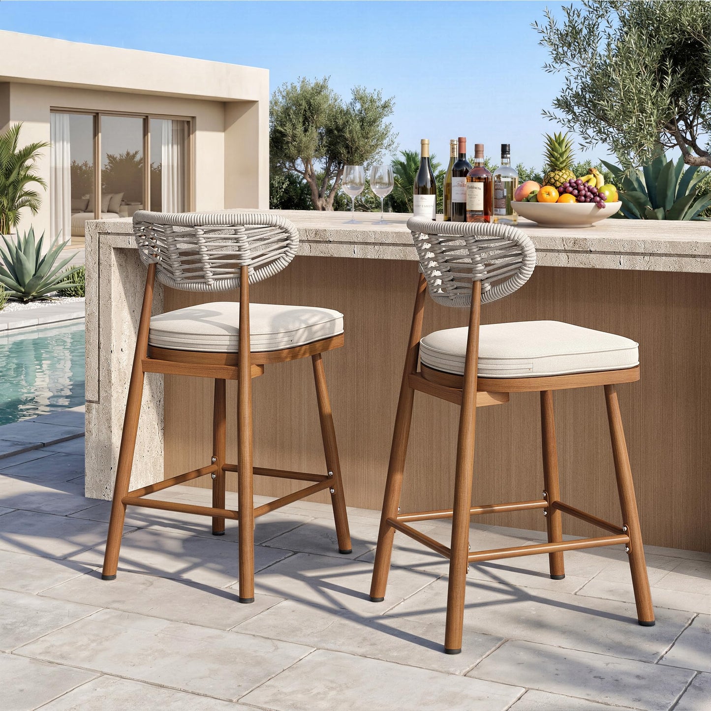 Garden Story Outdoor Bar Stools Set of 2,Woven Barstools with Rattan Back,24'' Outdoor Bar Height Stools Wicker,Patio Bar Chairs Boho Bar Stool,Counter Height Bar Stool Aluminum (Teak, 24 Inch)