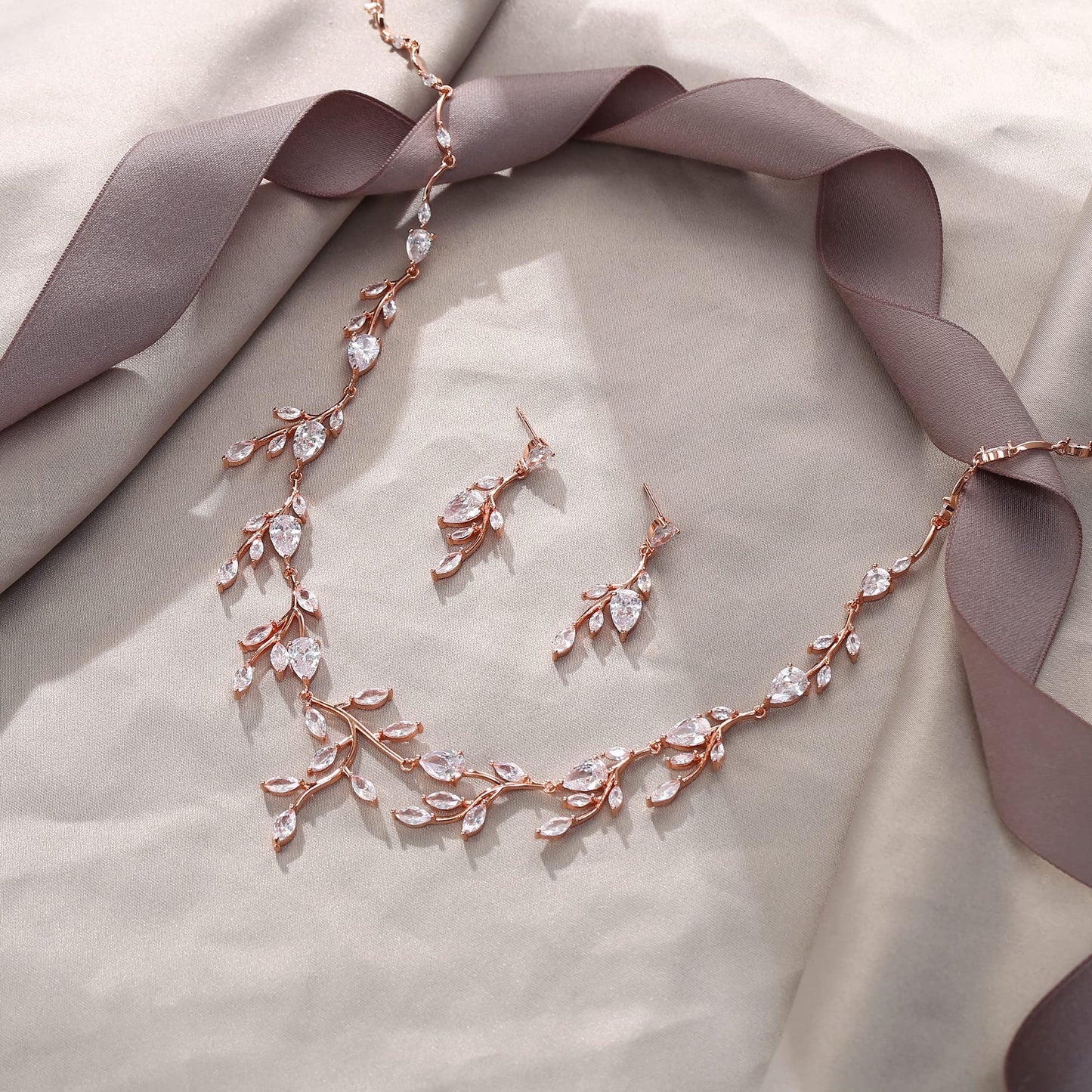 EVER FAITH Wedding Jewelry for Bride Women Bridesmaid, Sparkly White Cubic Zirconia Pear-Shaped Birthstone Leaf Necklace Earrings Set for Prom Rose Gold-Plated-Brass