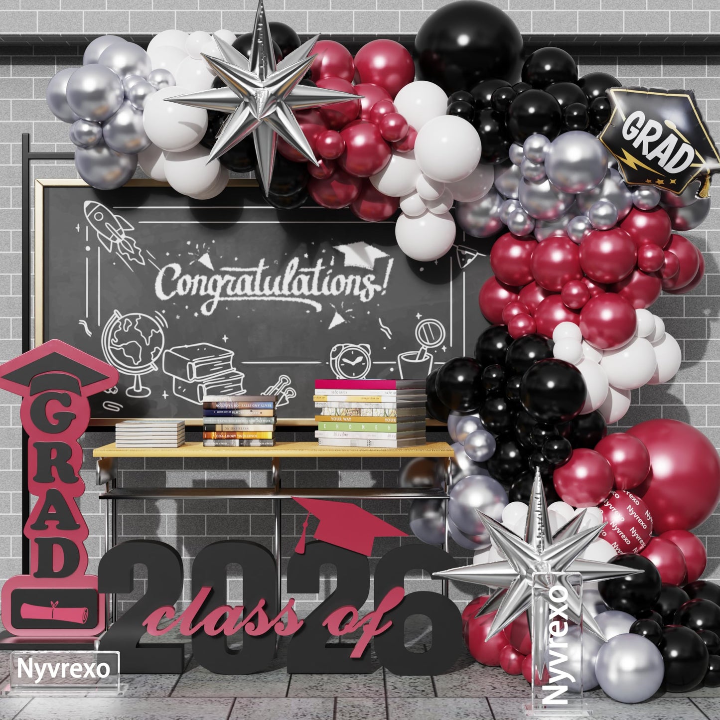 2026 Graduation Party Decorations, 138Pcs Burgundy White Silver Black Congrat Grad Balloons Arch Garland Kit, Class of 2026 Graduation Birthday So Proud Of You Decorations