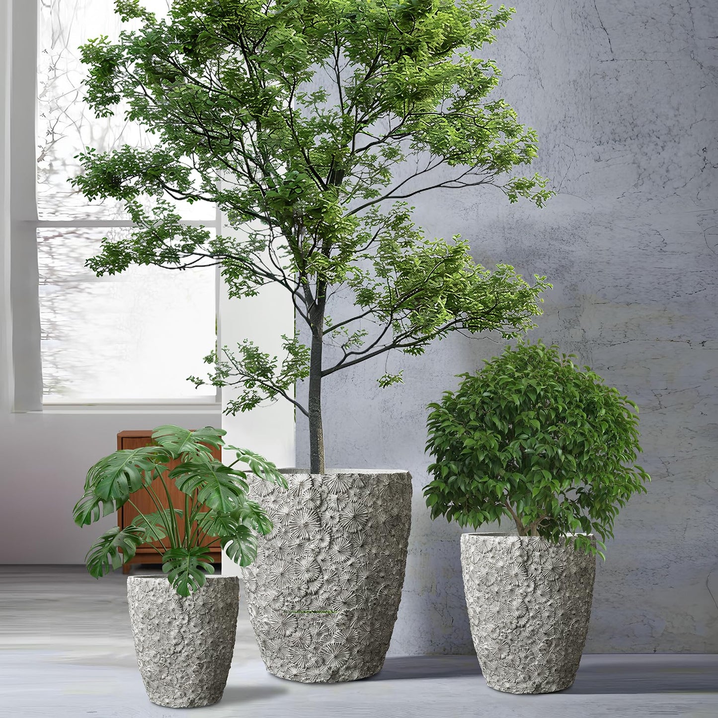 ShangDemonMaster Craft flowerpots 16"+12"+10" Dia Round Concrete Planter Set of 3 Large Outdoor/Indoor Planter Pots Containers with Drainage Holes and Rubber Plug for Home Garden (Grey, Large)