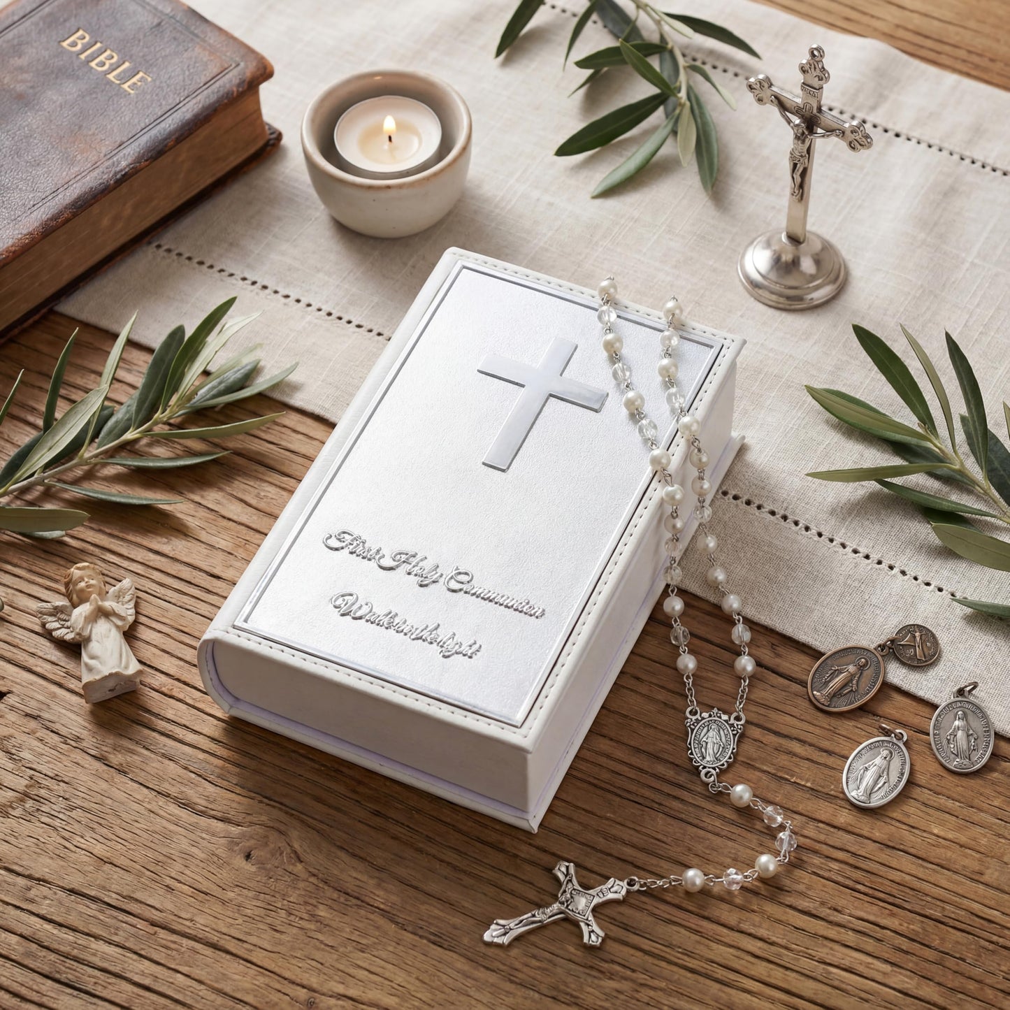 Liliaafar First Communion Rosary Beads Necklace Gifts with Engraved Keepsake Gift Box 20.5 Inch Stainless Steel Glass Beads Catholic Rosary with Cross for First Holy Communion