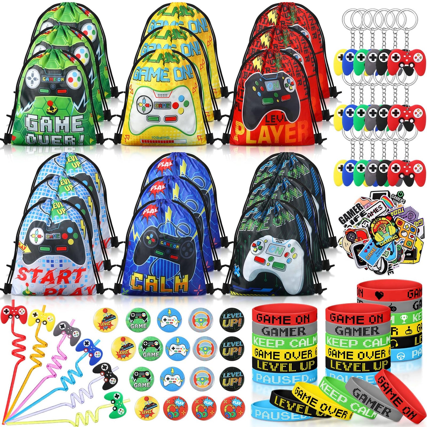 Sadnyy 140 Pcs Gaming Party Favors Video Game Birthday Decorations Supplies Drawstring Bags with Silicone Bracelets Keychains Straws Button Pins Stickers for Party Rewards Goodie Bags Stuffers