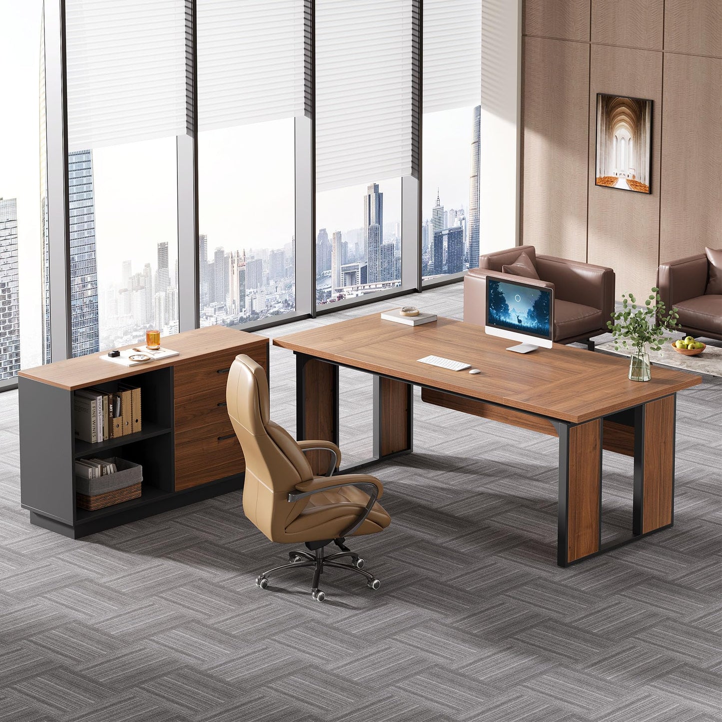 Tribesigns 63‘’ L-Shaped Executive Desk, Office Table with 47-Inch Drawers Cabinet, Large Computer Desk with Storage Shelves, Business Furniture Set for Home Office, Brown & Black