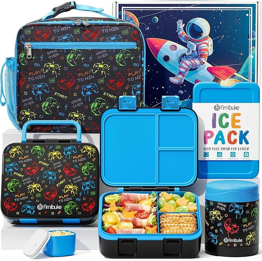 Fimibuke Bento Lunch Box for Kids, 3-Compartment 32OZ Snack Lunch Container, Lunch Bag, 12OZ Insulated Food Jar & Ice Pack Set for Age 3-12 School Daycare Toddler Teen Girls Boys, Gamepad