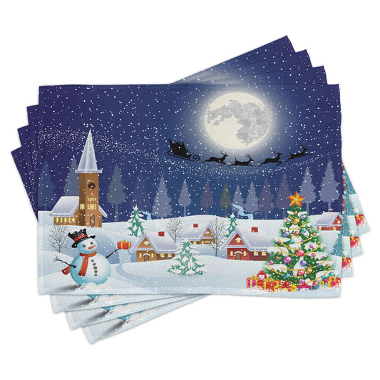 Ambesonne Christmas Place Mats Set of 8, Winter Season Snowman Xmas Tree Santa Sleigh Moon Present Boxes Snow and Stars, Washable Fabric Placemats for Dining Table, Placemat 8 pcs, White Blue